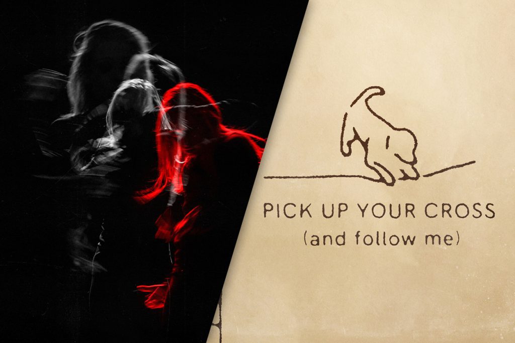 The covers for ‘False Neon God‘, showing many overlayed refractions of a woman, and ‘Pick Up Your Cross (and follow me)‘, showing a drawing of a dog on paper with the title handwritten beneath