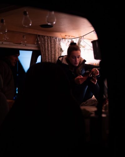 Lead actress Flora Pauer and supporting actor Wieland Lackinger in a van in the night, on set of the short film IRIS