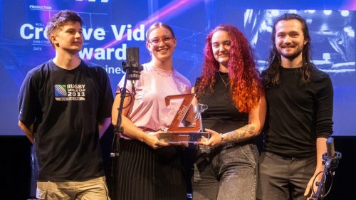 Niklas Strahammer, Alexandra Bogner, Simona Ascher, and Michael J. Keplinger on stage with the Zawinul Award For Achievement’s Creative Video Award